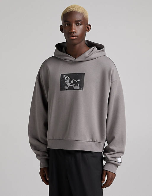  Bershka cropped hoodie with front and back print in charcoal 