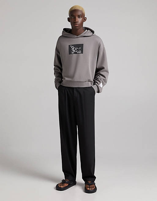  Bershka cropped hoodie with front and back print in charcoal 