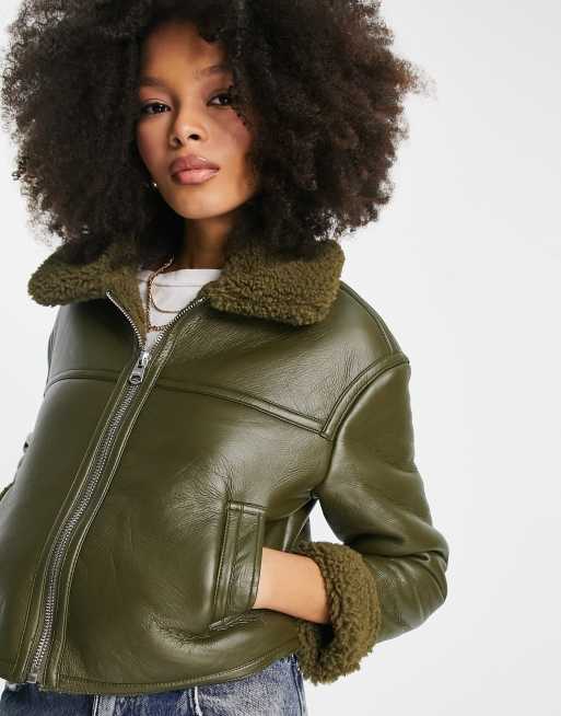 Bershka - Cropped jack met detail van schapenvacht in kaki, 3 van 4