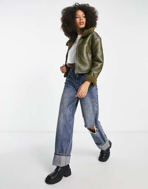 Bershka - Cropped jack met detail van schapenvacht in kaki, 4 van 4