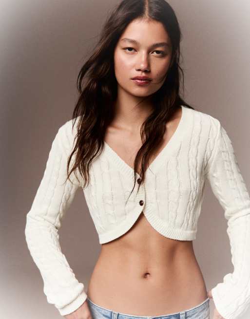Bershka – Cropped-Jacke in Ecru mit Zopfmuster, 3 von 4
