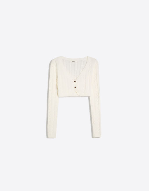 Bershka – Cropped-Jacke in Ecru mit Zopfmuster, 4 von 4