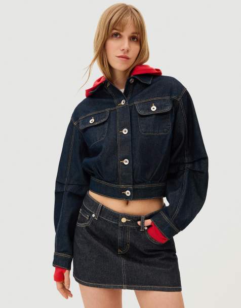 Bershka – Cropped-Jeansjacke in Blau mit Ballon-Schnitt - view 1