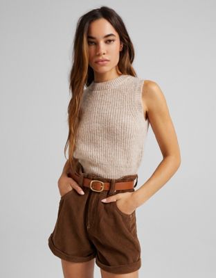 Bershka cropped knitted vest in camel