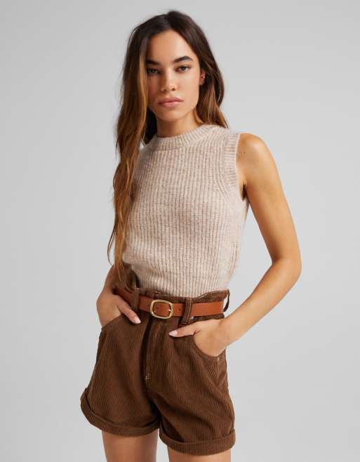 Bershka cropped knitted vest in camel