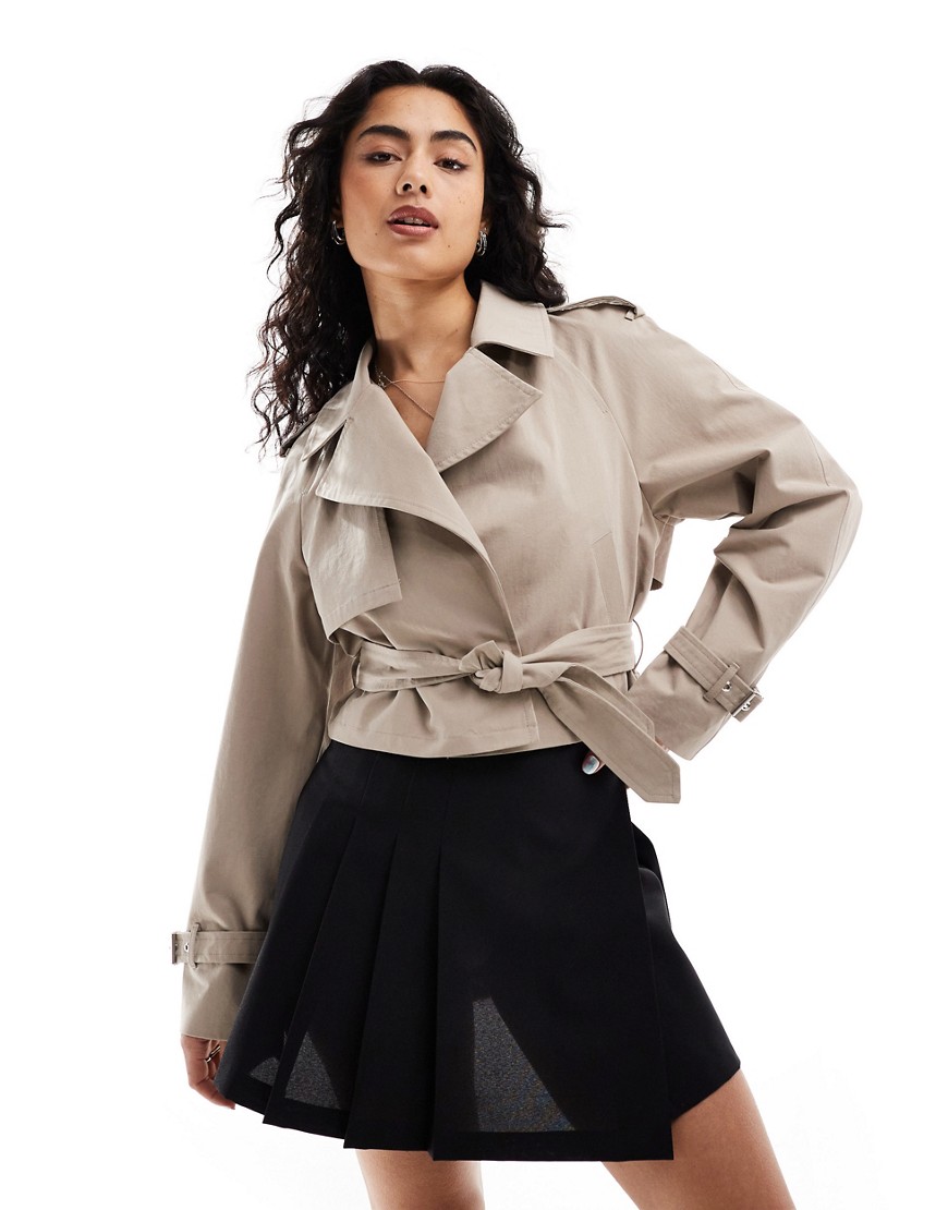 Bershka cropped lightweight trench coat in sand-Neutral