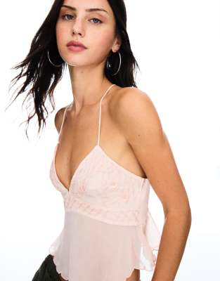 Bershka - Cropped-Oberteil in Rosa mit Stickerei und schmalen Trägern