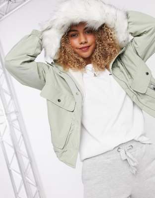 Bershka Cropped Parka In Khaki green ModeSens