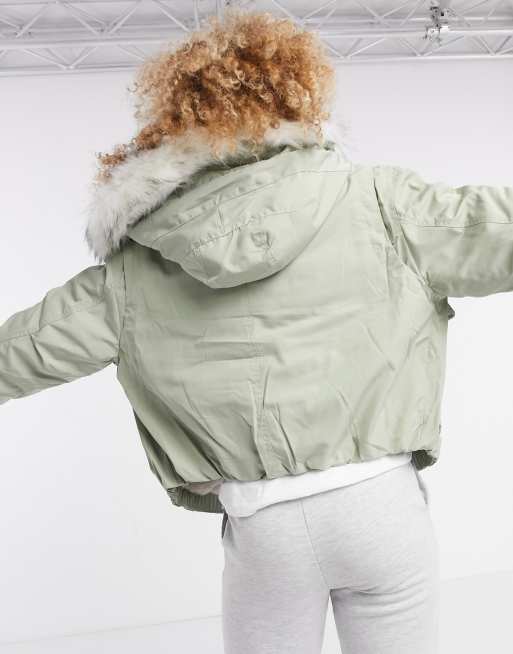 Bershka cropped parka in khaki