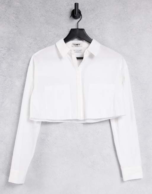 Bershka cropped poplin shirt co-ord in white