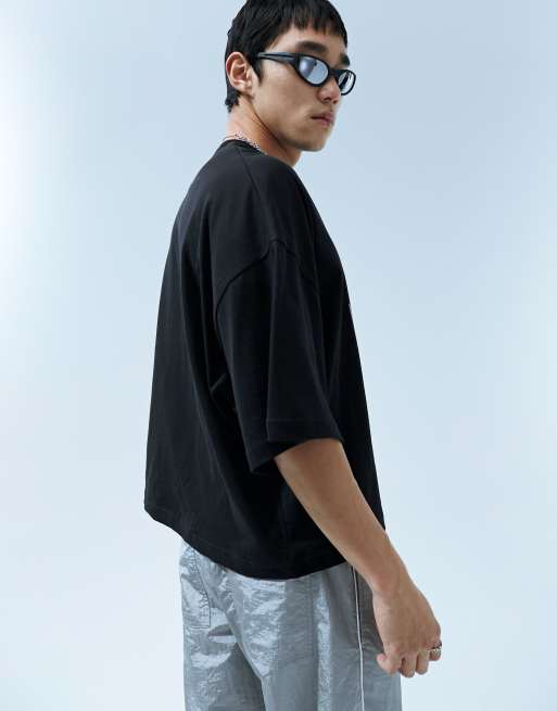 Bershka cropped printed youthroia t-shirt in washed black, 4 of 4