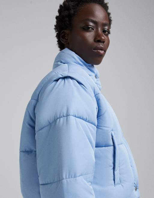 Bershka cropped puffer jacket in blue