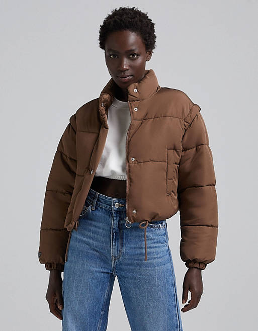 Women Bershka cropped puffer jacket in brown 