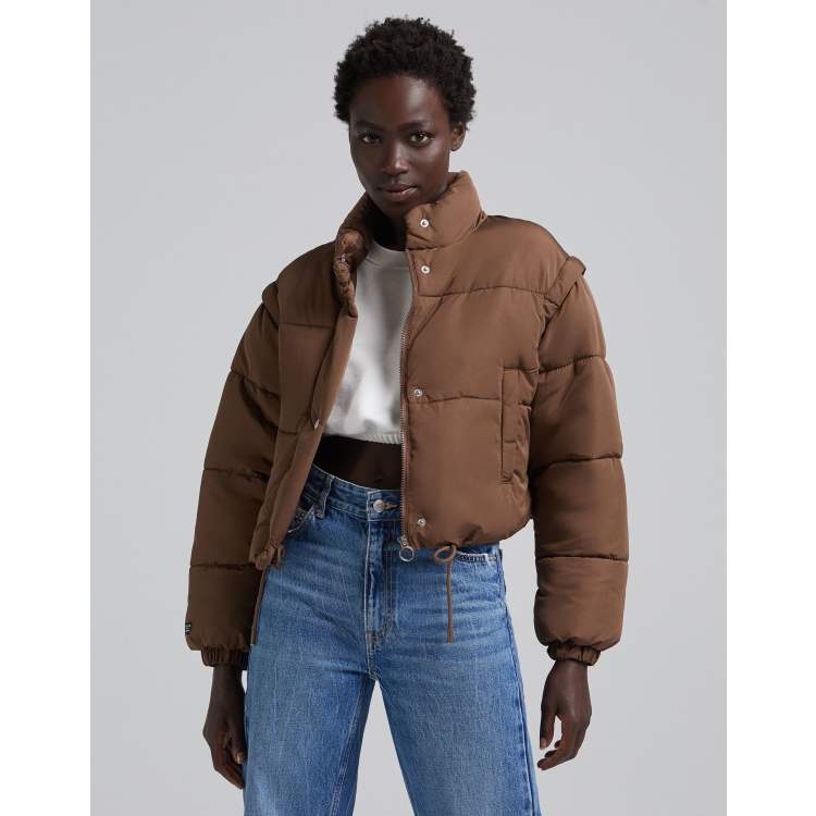 Bershka cropped puffer jacket in brown | ASOS