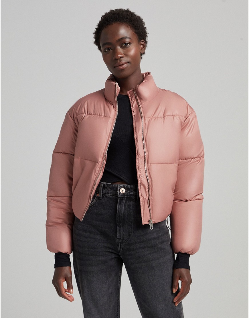 Bershka cropped puffer jacket in pink