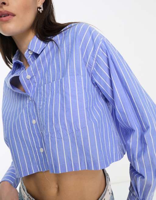 Bershka - Cropped recht overhemd in blauw met krijtstreep, 2 van 4