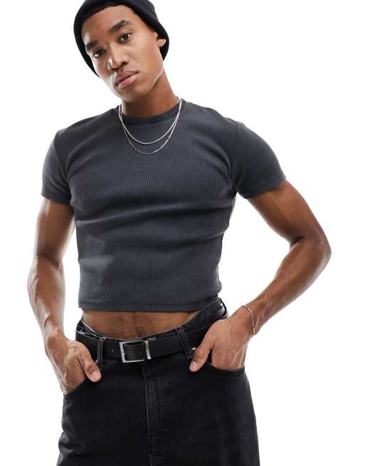 Bershka cropped ribbed T-shirt in washed gray | ASOS