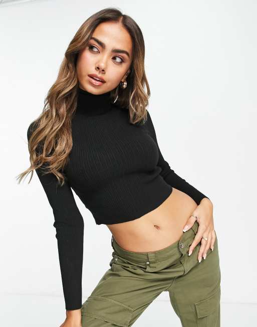 Bershka cropped roll neck jumper in black