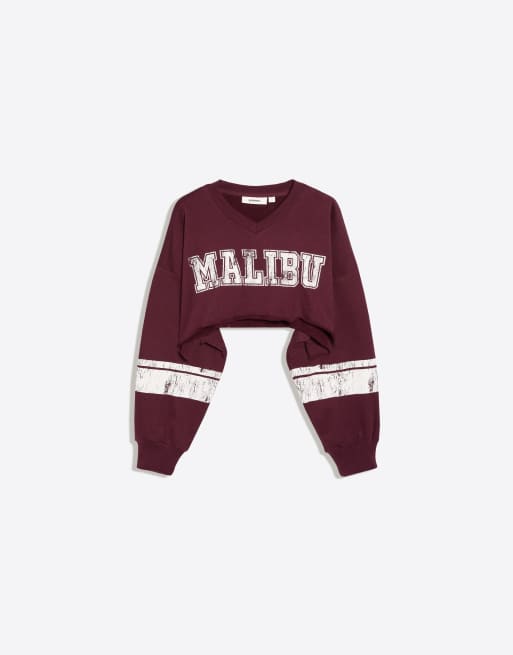 Bershka cropped sweatshirt met ronde hals en print in bordeauxrood, 5 van 5