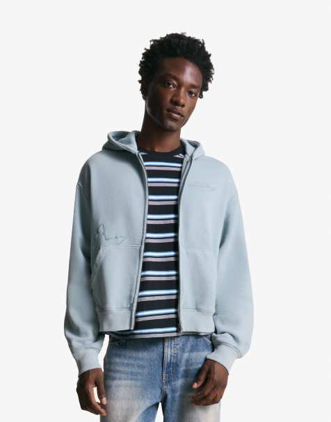 Bershka Cropped sweatshirt with zip and embroidery in light blue - view 1