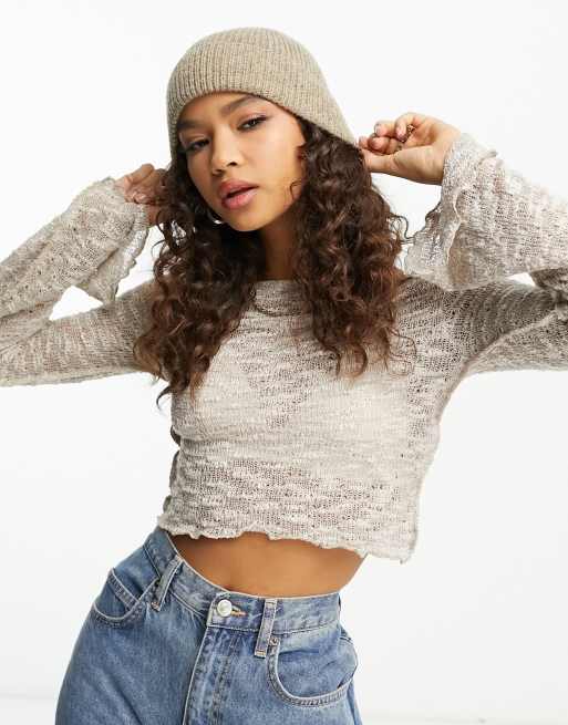Bershka - Cropped trøje med flosset kant i beige