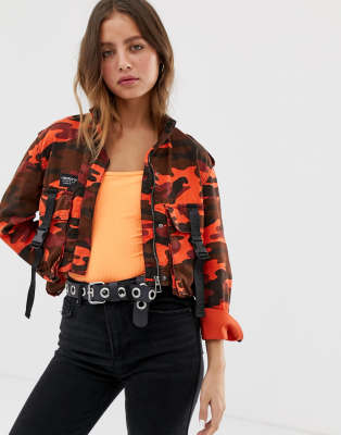 Bershka cropped trucker jacket in camo print | ASOS