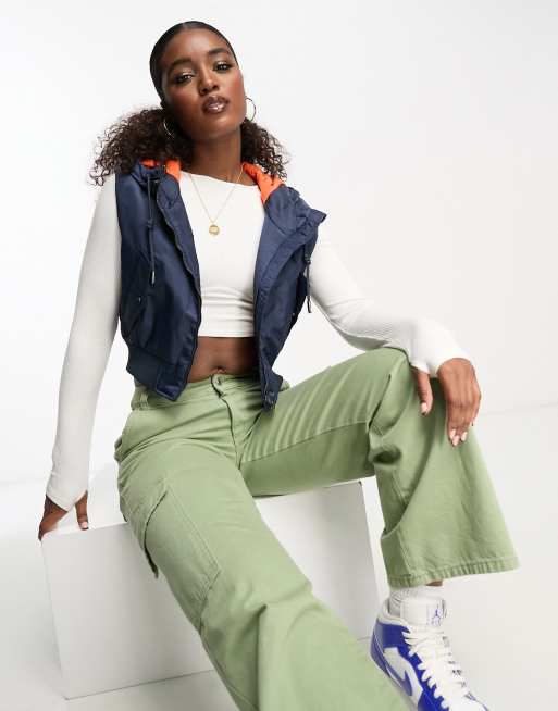 Bershka cropped utility gilet with contrast hood in navy