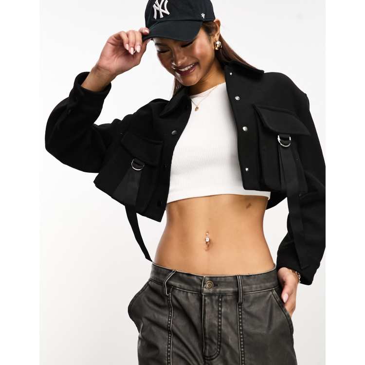 Bershka cropped utility jacket in black ASOS