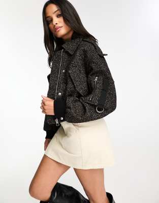 Bershka cropped utility jacket in grey wool