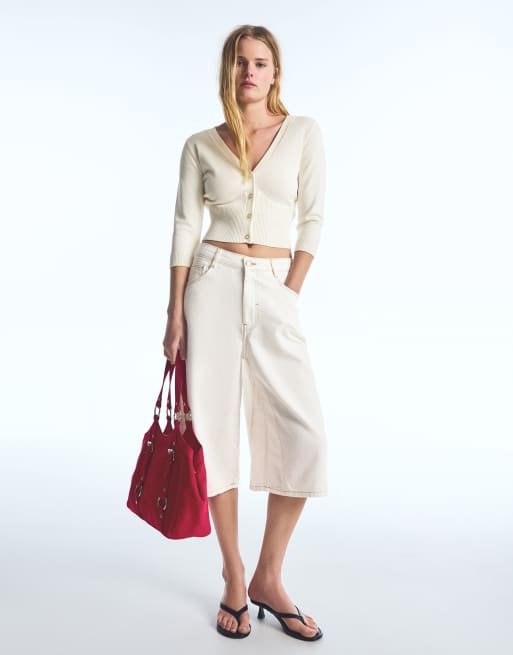 Bershka Cropped v-neck jacket in ecru, 4 of 5