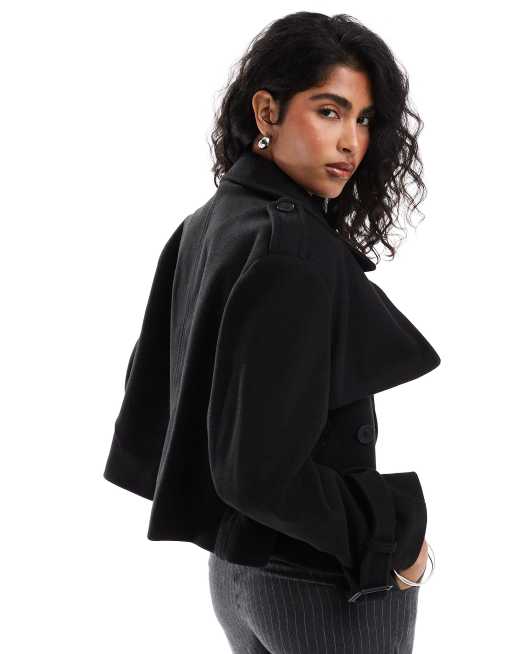Bershka cropped wool look trench coat in black