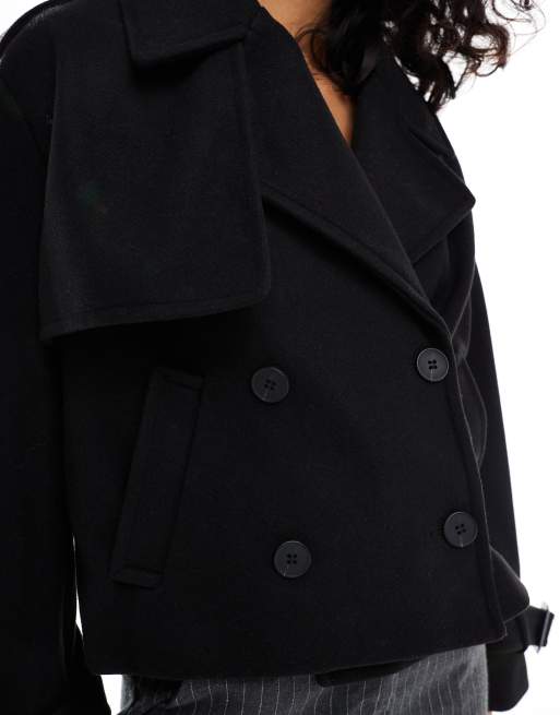 Bershka cropped wool look trench coat in black | ASOS