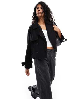 Bershka Cropped Wool Trench Coat In Black