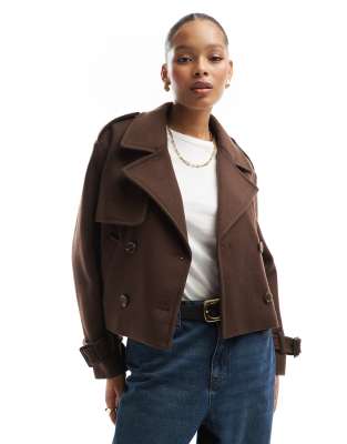 Bershka Cropped Wool Trench Coat In Chocolate-brown