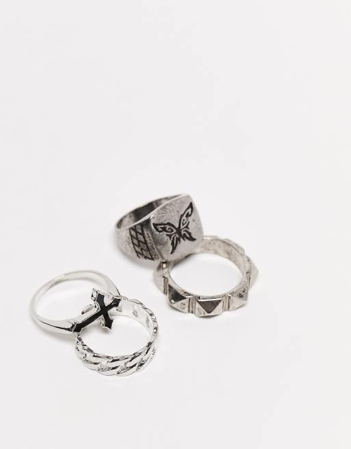 Bershka cross and chain ring 4 pack in silver 