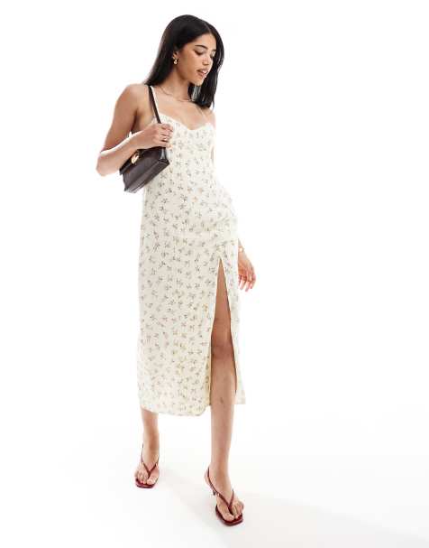 Bershka cross back midaxi slip dress in butter floral - view 1