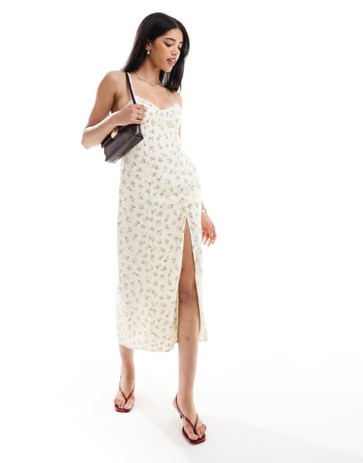 Bershka cross back midaxi slip dress in butter floral