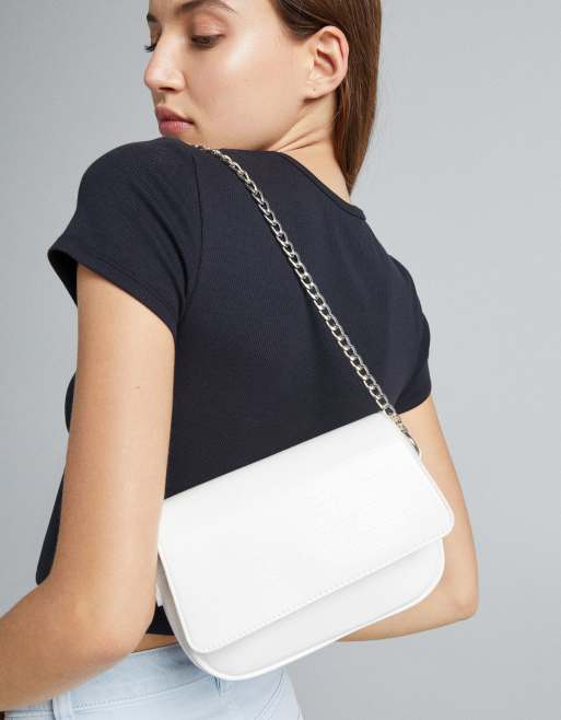 Bershka cross body bag with detachable purse in white croc