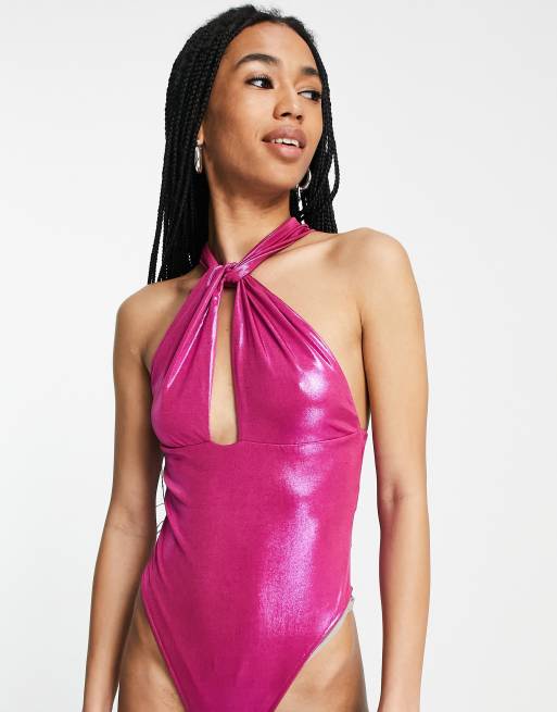 Bershka cross over halterneck bodysuit in pink | ASOS