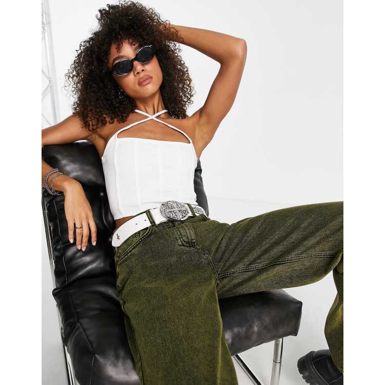 Bershka cross strap boned corset detail top in white | ASOS