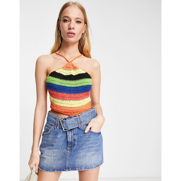 Bershka cross strap crochet crop top in multi stripe | ASOS