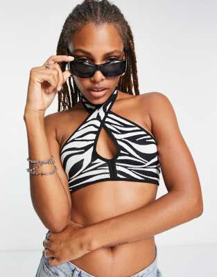 Printed Halter Cropped Swim Top