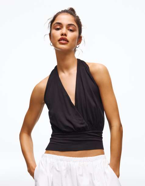 Bershka Crossover ruched cummerbund top in black