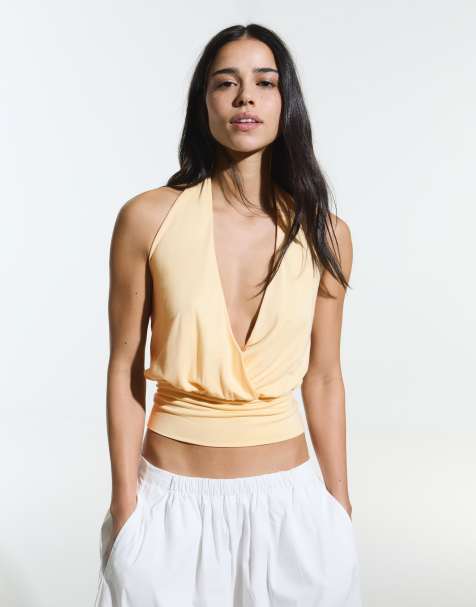 Bershka Crossover ruched cummerbund top in yellow