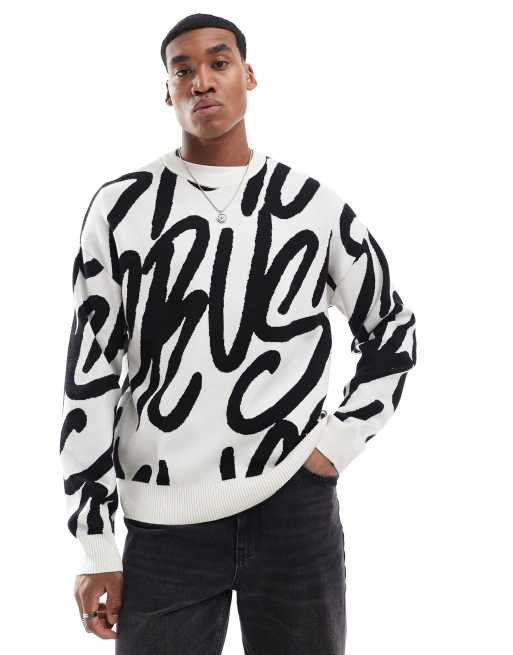 Bershka crush AOP knitted sweater in white