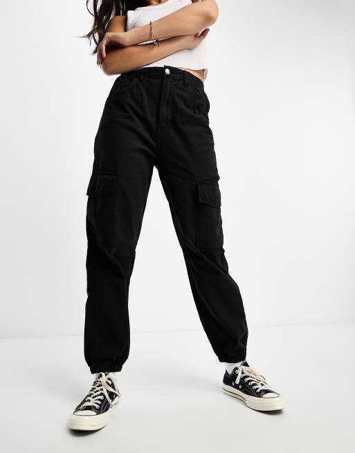 Bershka cuffed cargo pants in black