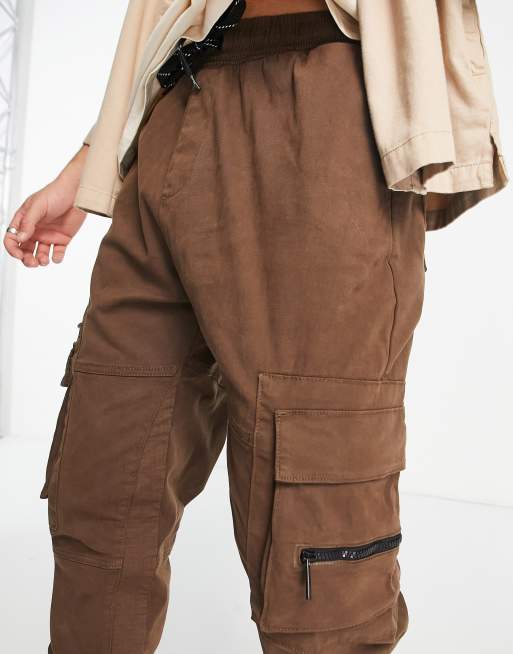 Bershka cuffed cargo pants in brown exclusive at ASOS