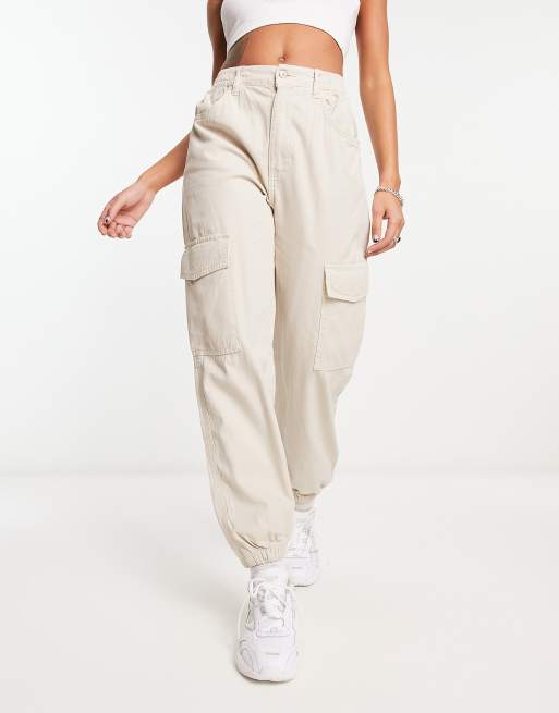 Bershka straight leg cargo pants in stone