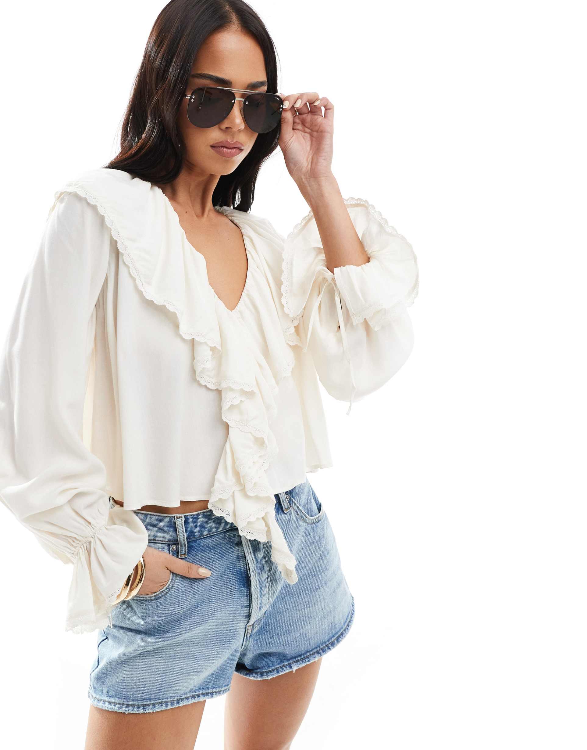 bershka cuffed sleeve ruffle detail top in ecru