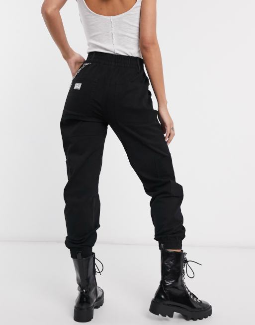 Bershka cuffed utlity trousers with chain in black